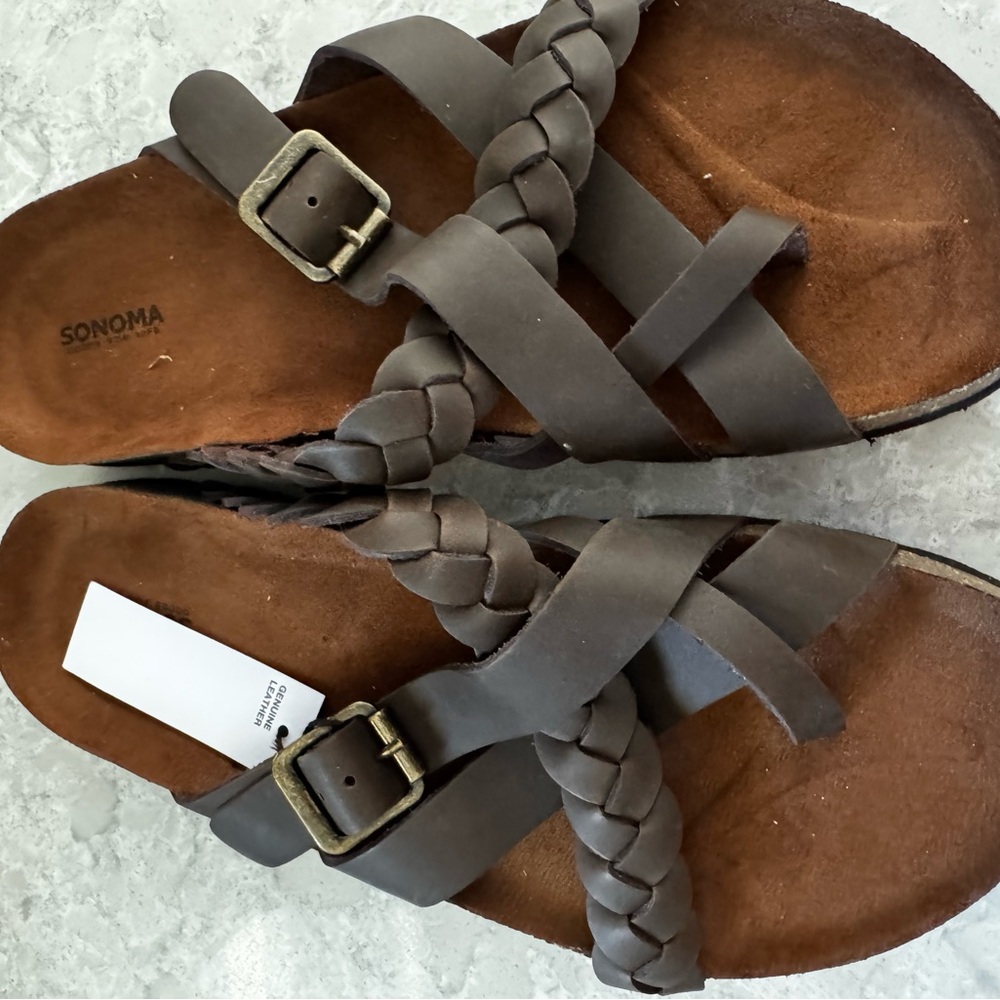Sonoma Brown Braided Leather Slide Sandals with Buckle